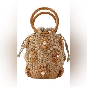 Flower Pearls Rattan Tote Bag Summer Beach Drawstring Straw Bucket Woven Handbag